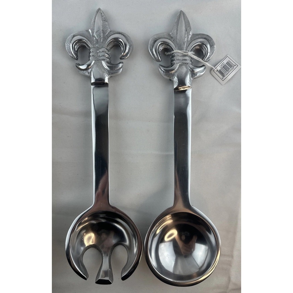 Vintage Fleur de lis Cast Aluminum Salad Tongs Fork Spoon Serving Set India NEW